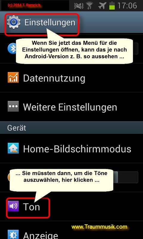 Wenn Sie jetzt da Menü für die Einstellungen öffnen, kann das je nach Android-Version unterschiedlich aussehen. Generell müssen Sie das Menü finden, wo die Töne verwaltet werden.